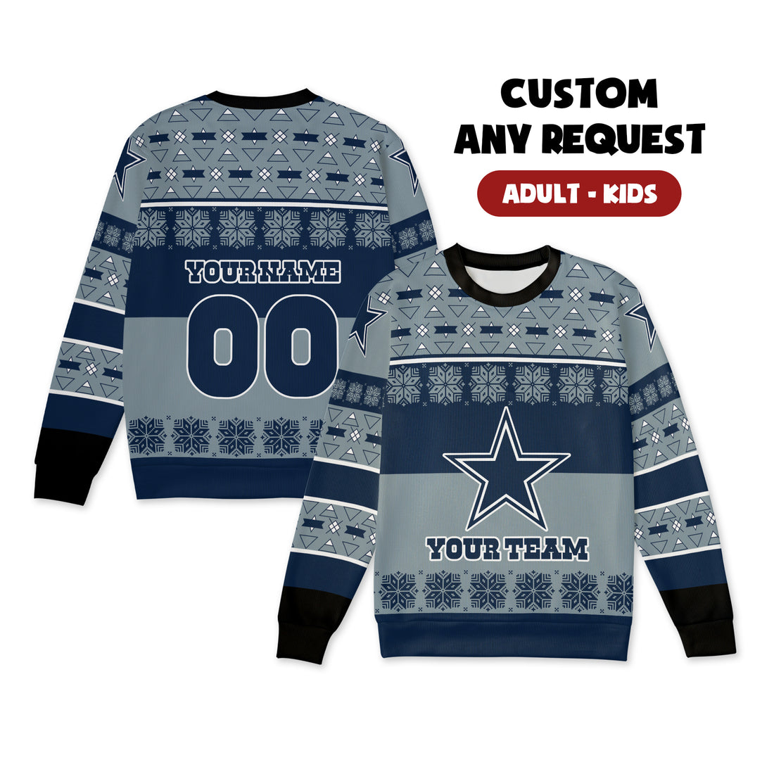 Custom Dallas Cowboys Christmas Ugly Sweater – Team Name, Name & Number – Fan Made Color 1 Desc 1