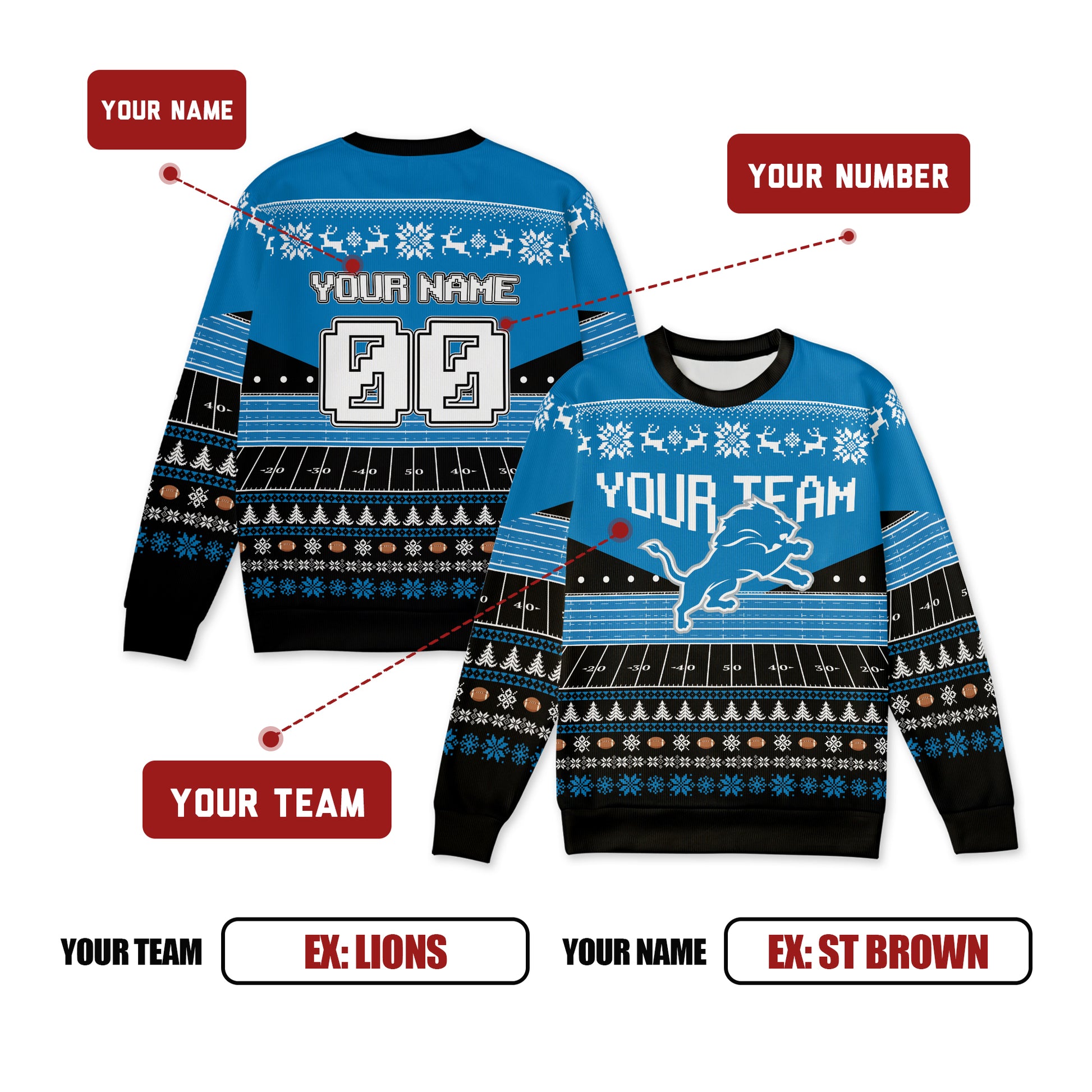 Custom Detroit Lions Christmas Ugly Sweater – Team Name, Name & Number – Fan Made Color 2 Desc 2